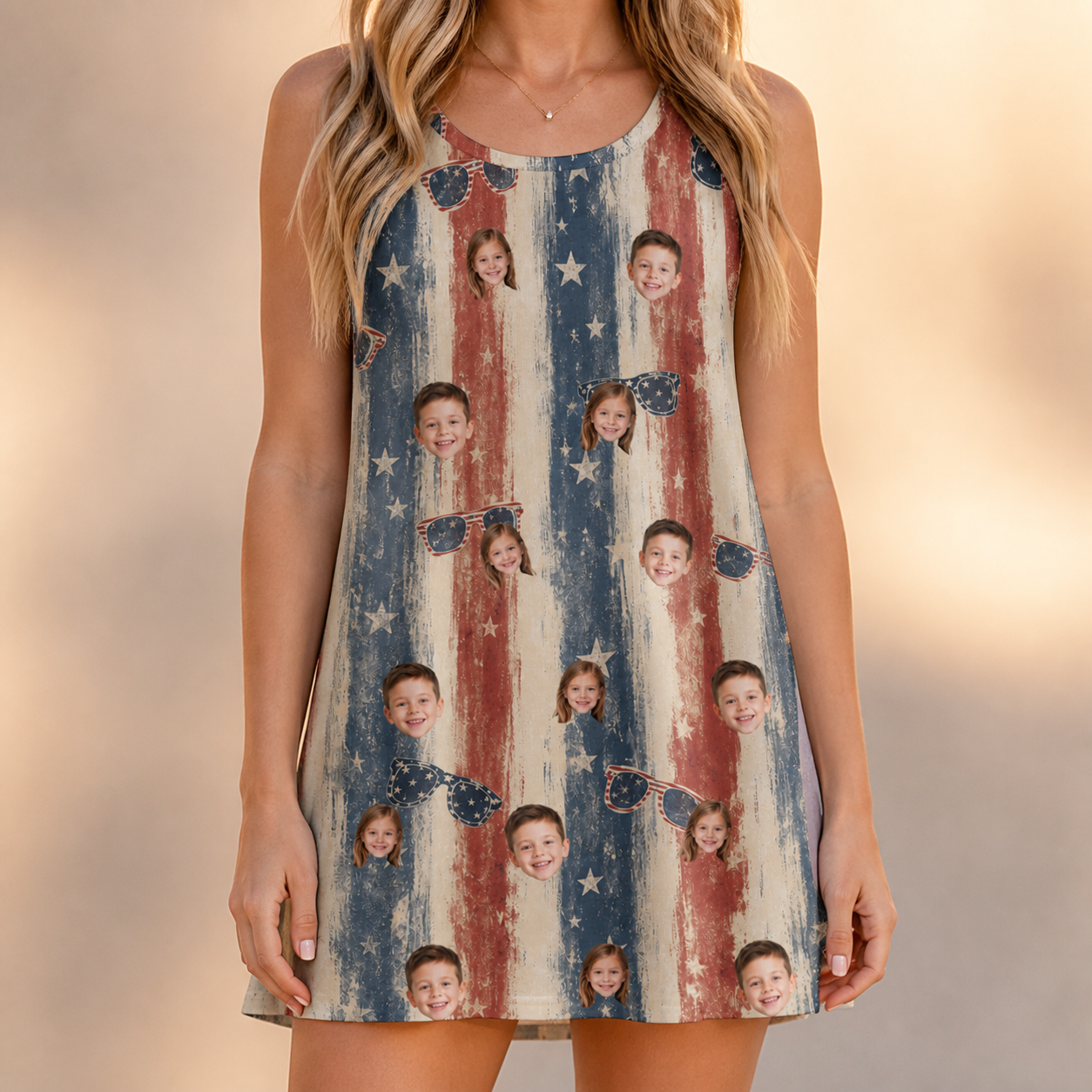 Model wearing Women's Glam Goggles Custom Face Tank Dress printed with kids' faces