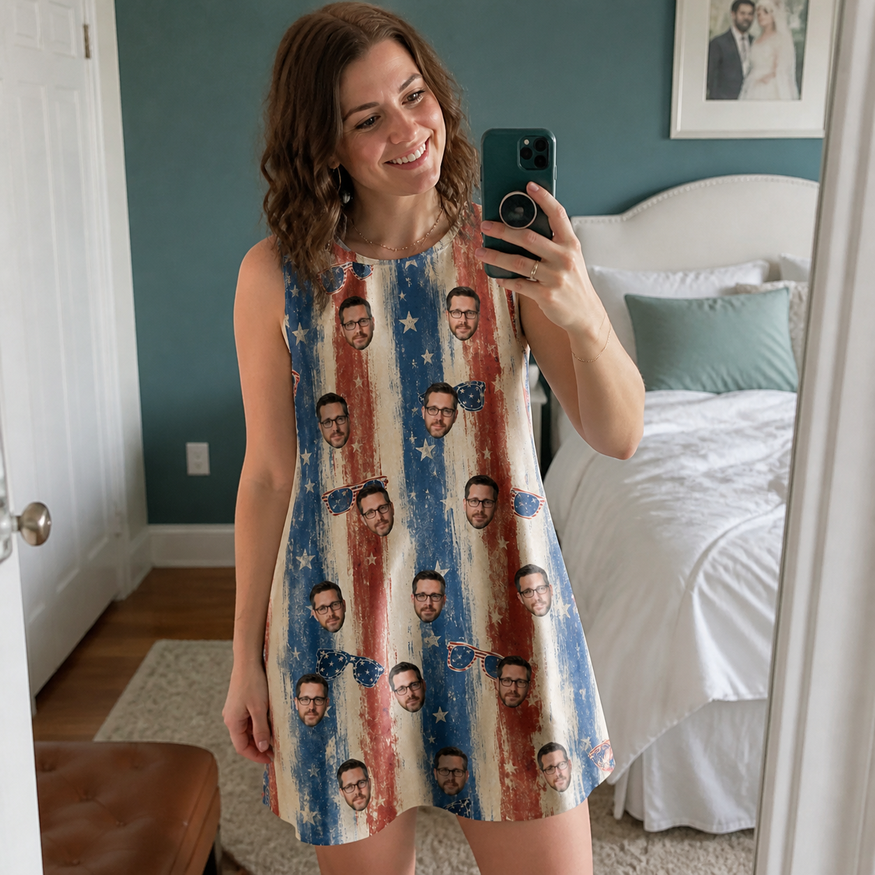 Real-life photo of someone wearing Women's Glam Goggles Custom Face Tank Dress — custom faces printed all-over