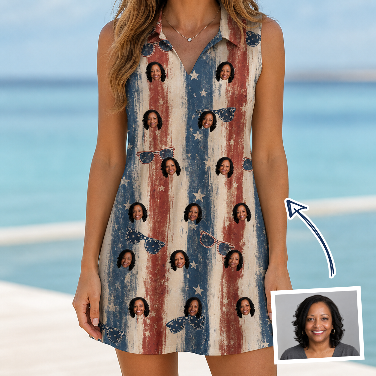 Woman wearing Women's Glam Goggles Custom Face V-Neck Dress — custom faces printed all-over