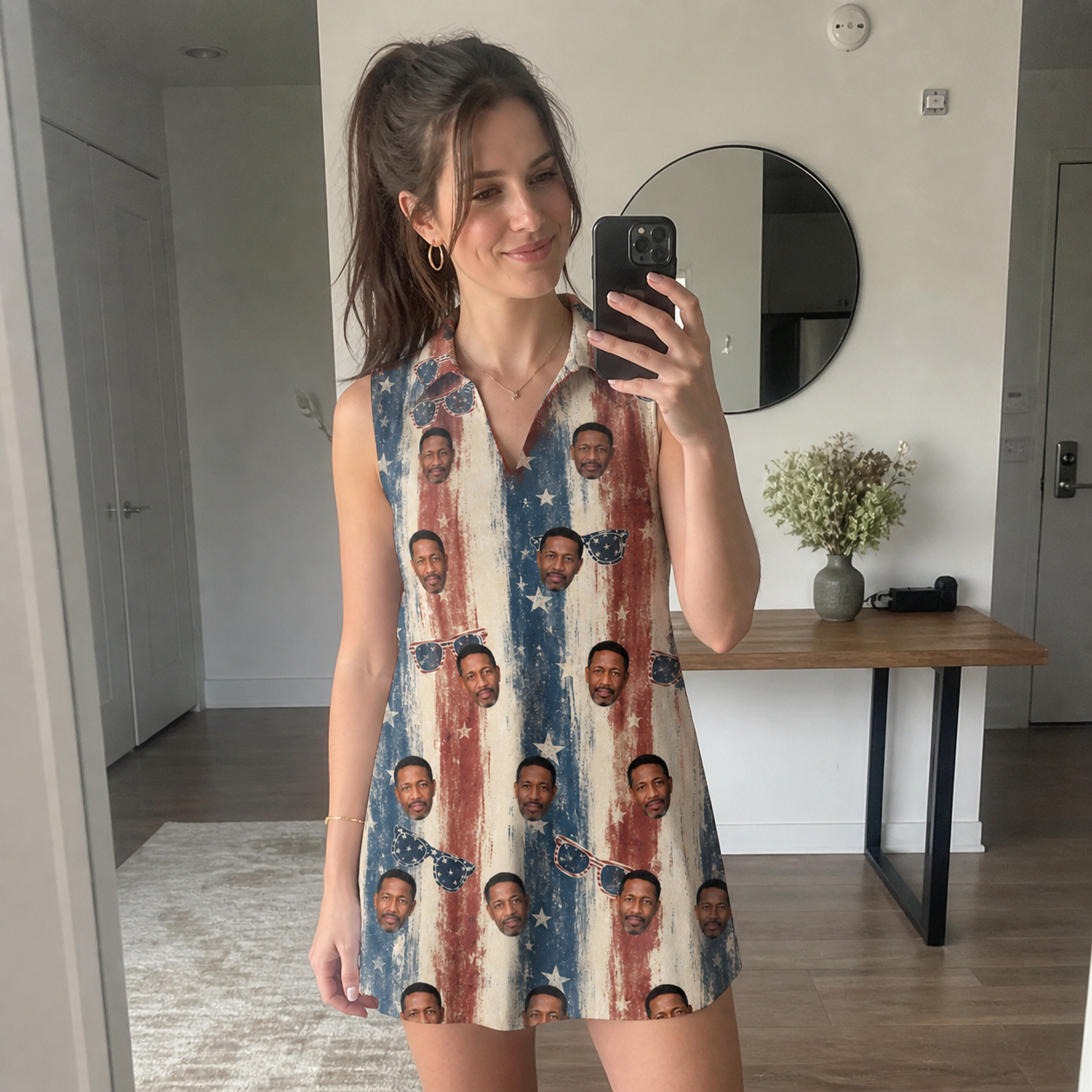 Real-life photo of someone wearing Women's Glam Goggles Custom Face V-Neck Dress — custom faces printed all-over