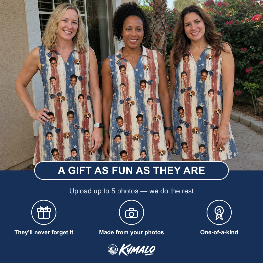 Friends in matching Women's Glam Goggles Custom Face V-Neck Dress — a group gift photo