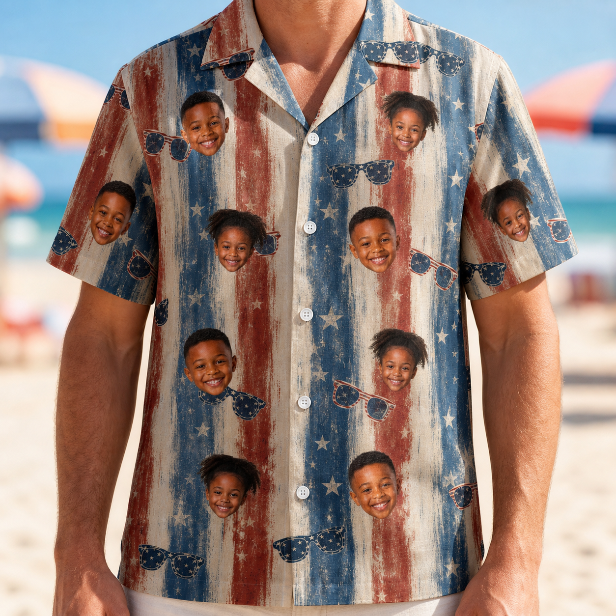 Model wearing Men's Glam Goggles Custom Face Hawaiian Shirt printed with kids' faces