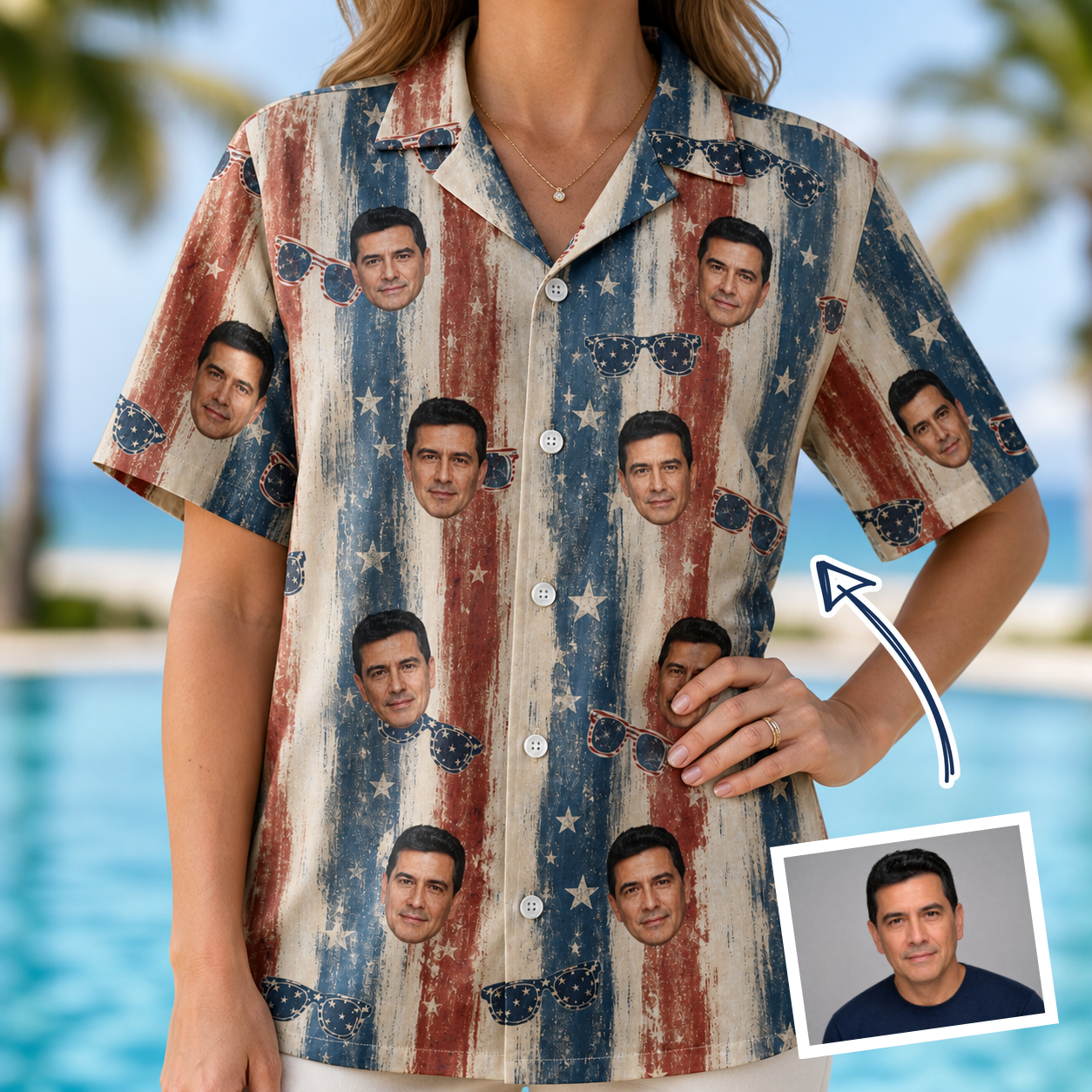 Woman wearing Women's Glam Goggles Custom Face Hawaiian Shirt — custom faces printed all-over