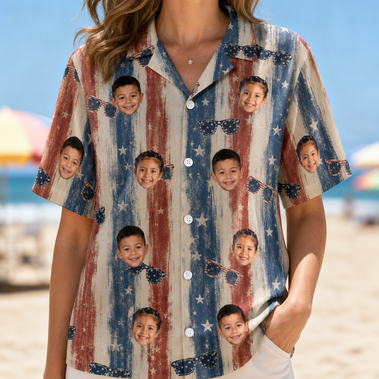 Model wearing Women's Glam Goggles Custom Face Hawaiian Shirt printed with kids' faces