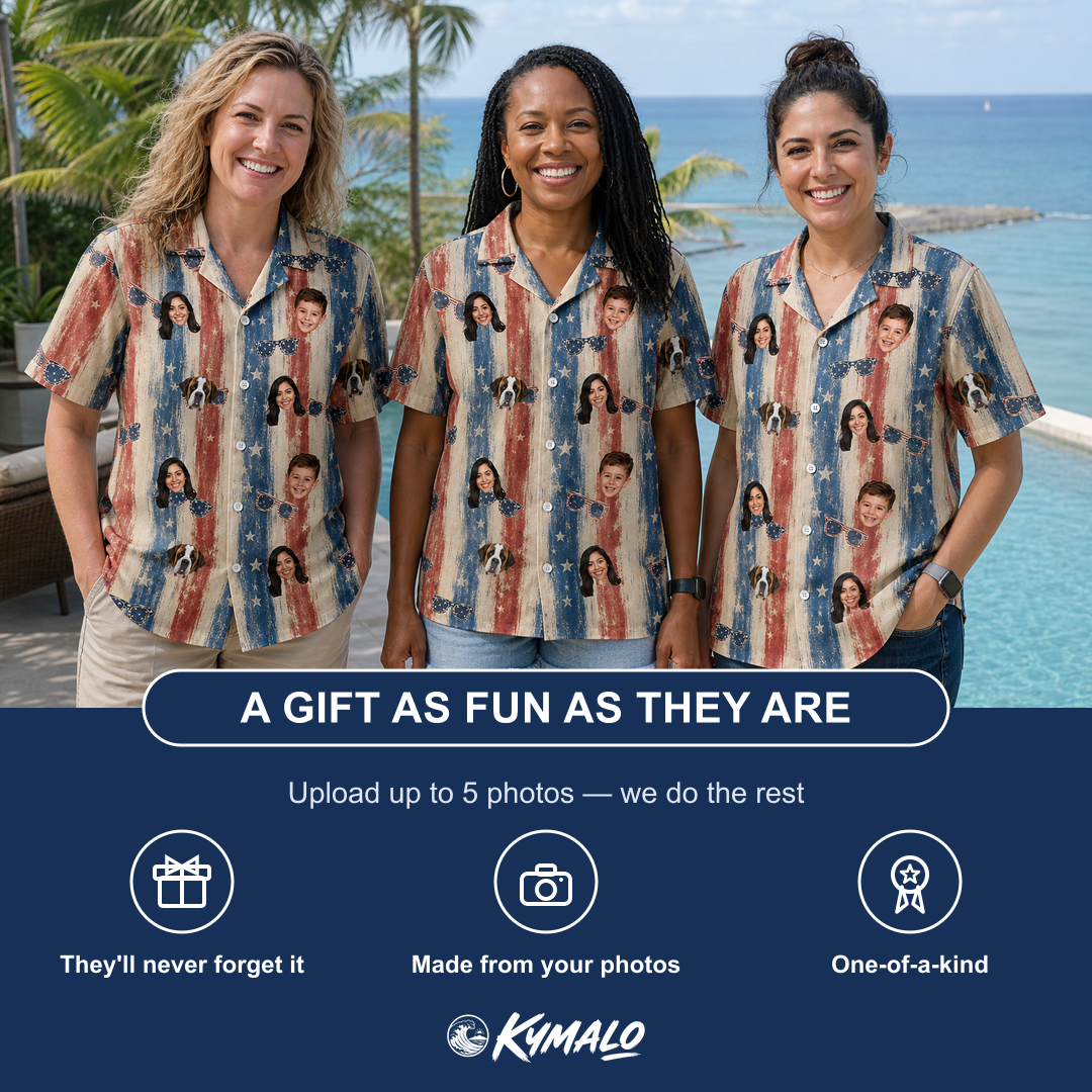 Friends in matching Women's Glam Goggles Custom Face Hawaiian Shirt — a group gift photo