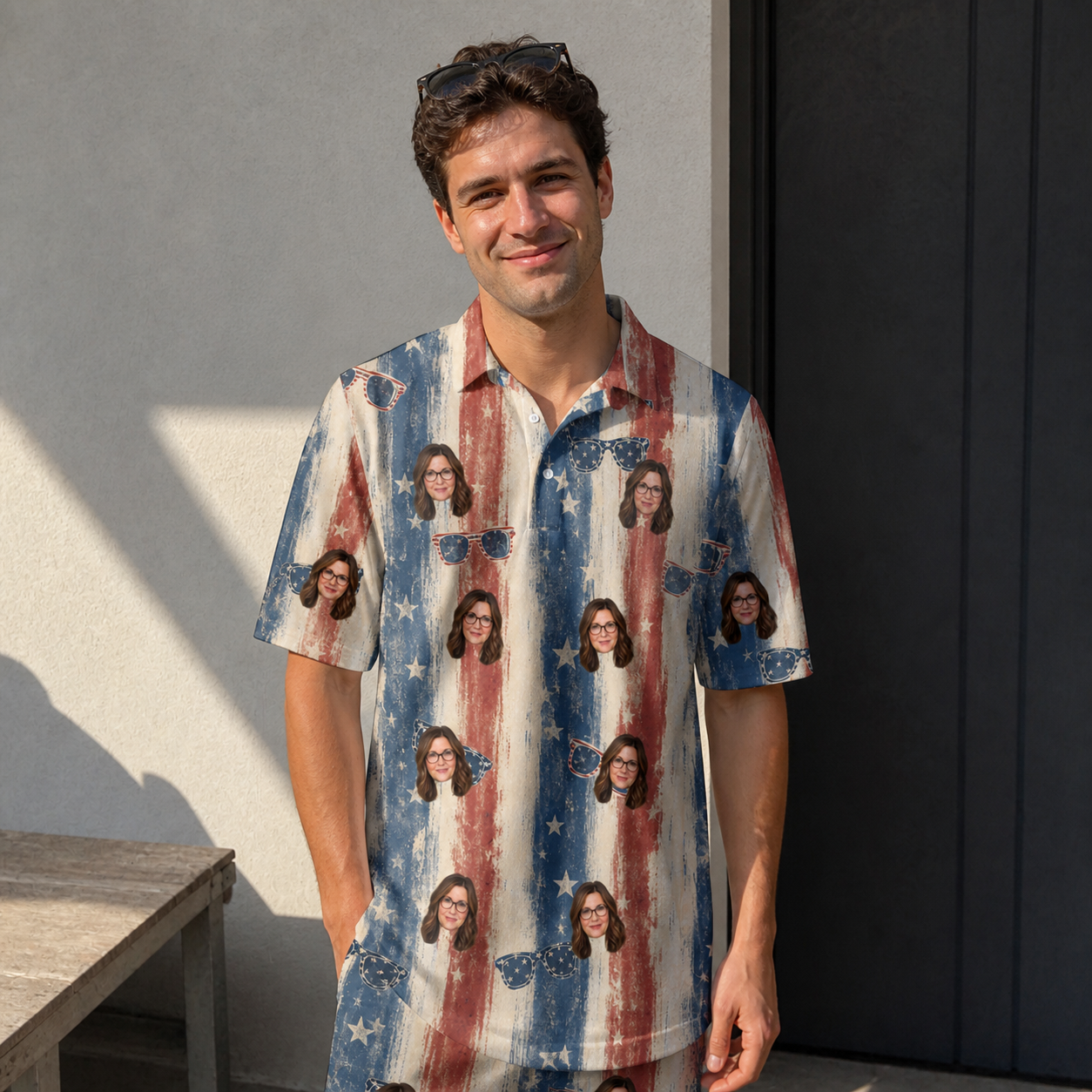 Real-life photo of someone wearing Men's Glam Goggles Custom Face Polo Shirt — custom faces printed all-over