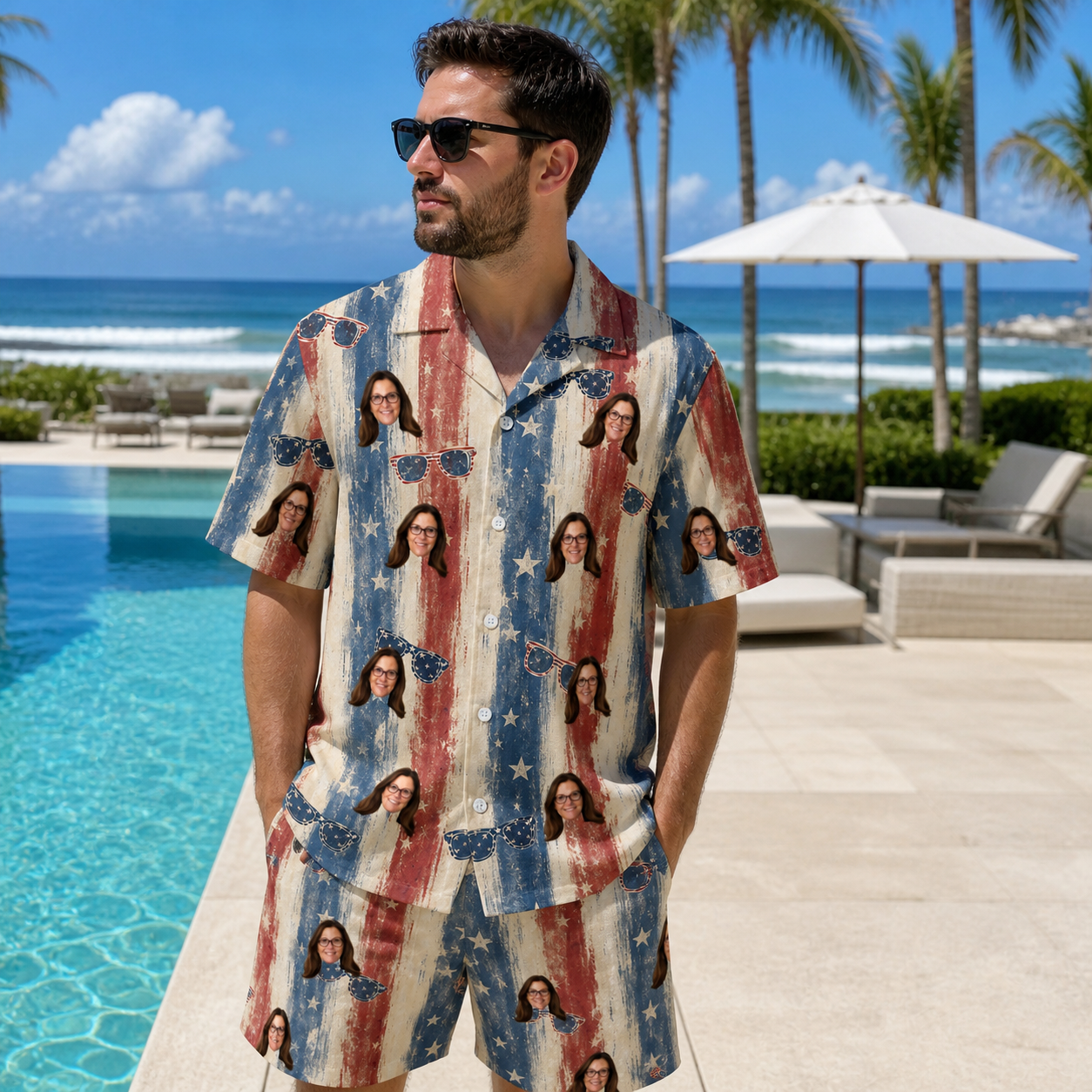 Real-life photo of someone wearing Men's Glam Goggles Custom Face Shirt & Shorts Set — custom faces printed all-over