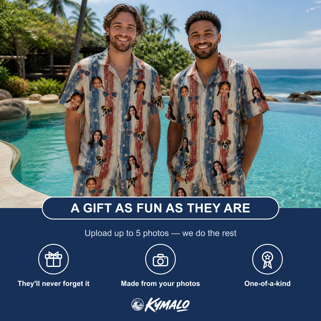 Friends in matching Men's Glam Goggles Custom Face Shirt & Shorts Set — a group gift photo
