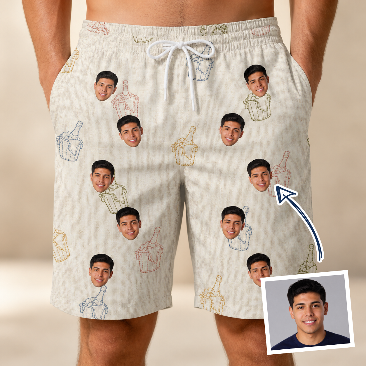 Man wearing Men's Toast Tiaras Custom Face Beach Shorts — custom faces printed all-over