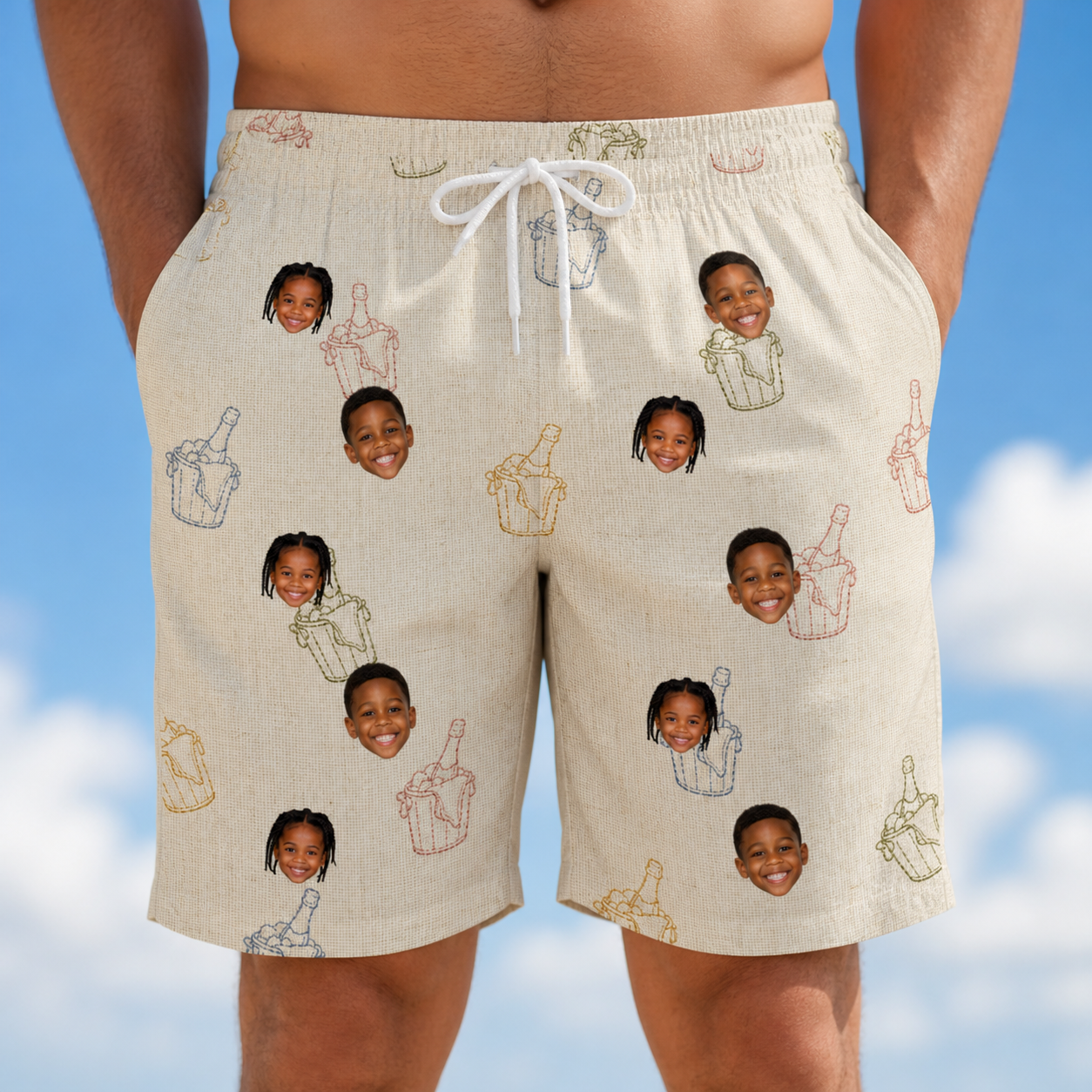 Model wearing Men's Toast Tiaras Custom Face Beach Shorts printed with kids' faces