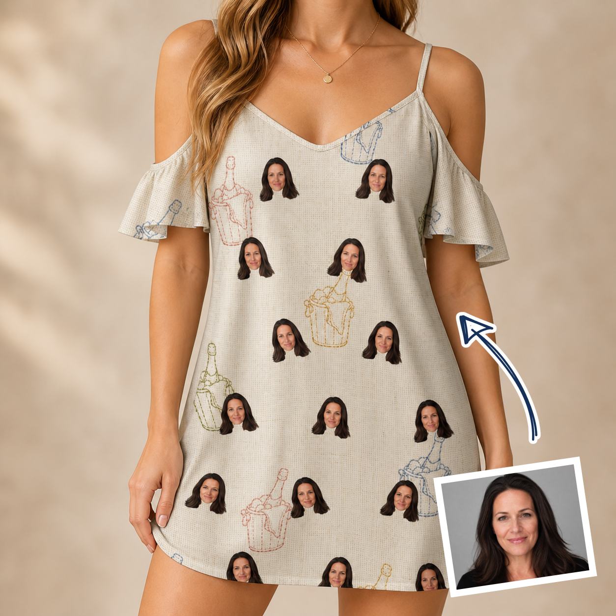 Woman wearing Women's Toast Tiaras Custom Face Off-Shoulder Dress — custom faces printed all-over