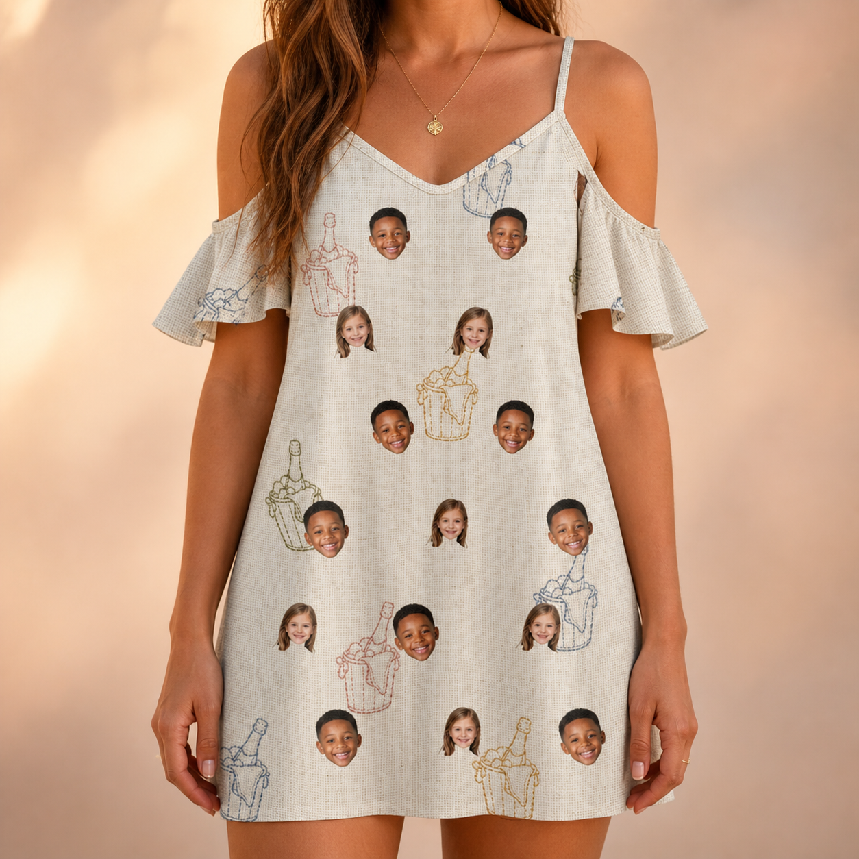 Model wearing Women's Toast Tiaras Custom Face Off-Shoulder Dress printed with kids' faces