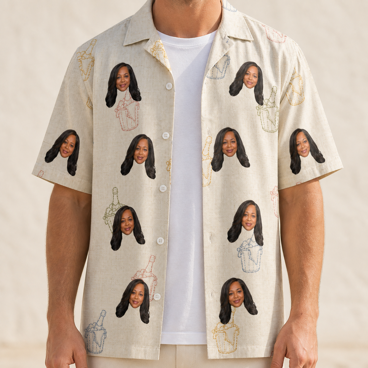 Man wearing Men's Toast Tiaras Custom Face Hawaiian Shirt open over a white tee