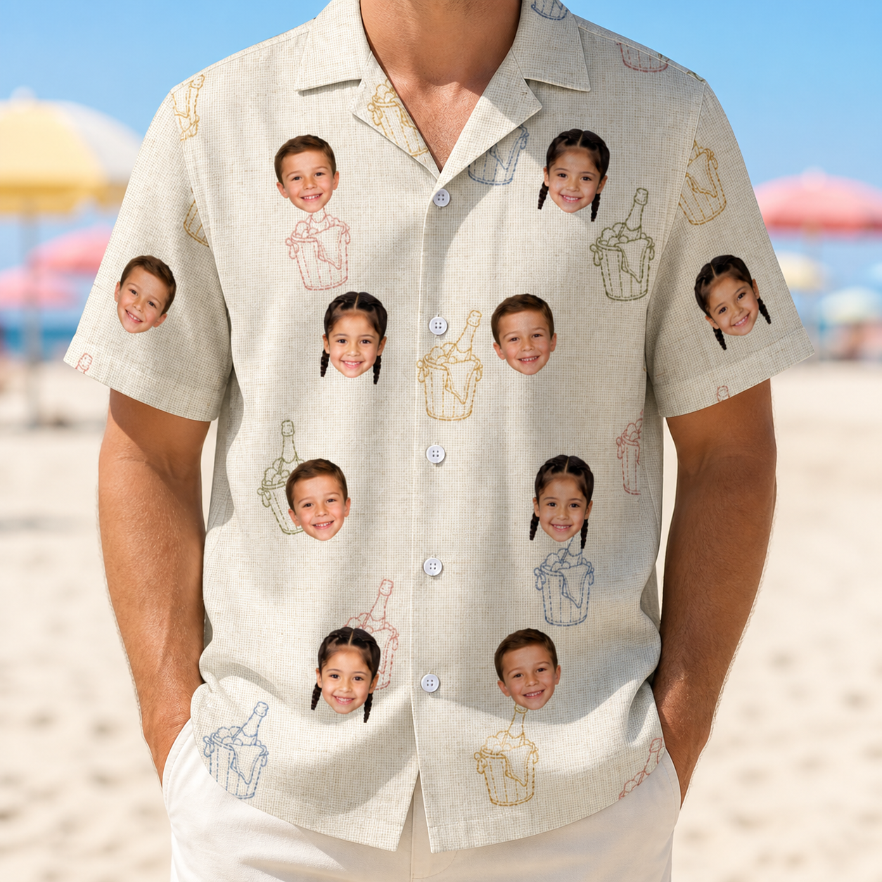 Model wearing Men's Toast Tiaras Custom Face Hawaiian Shirt printed with kids' faces