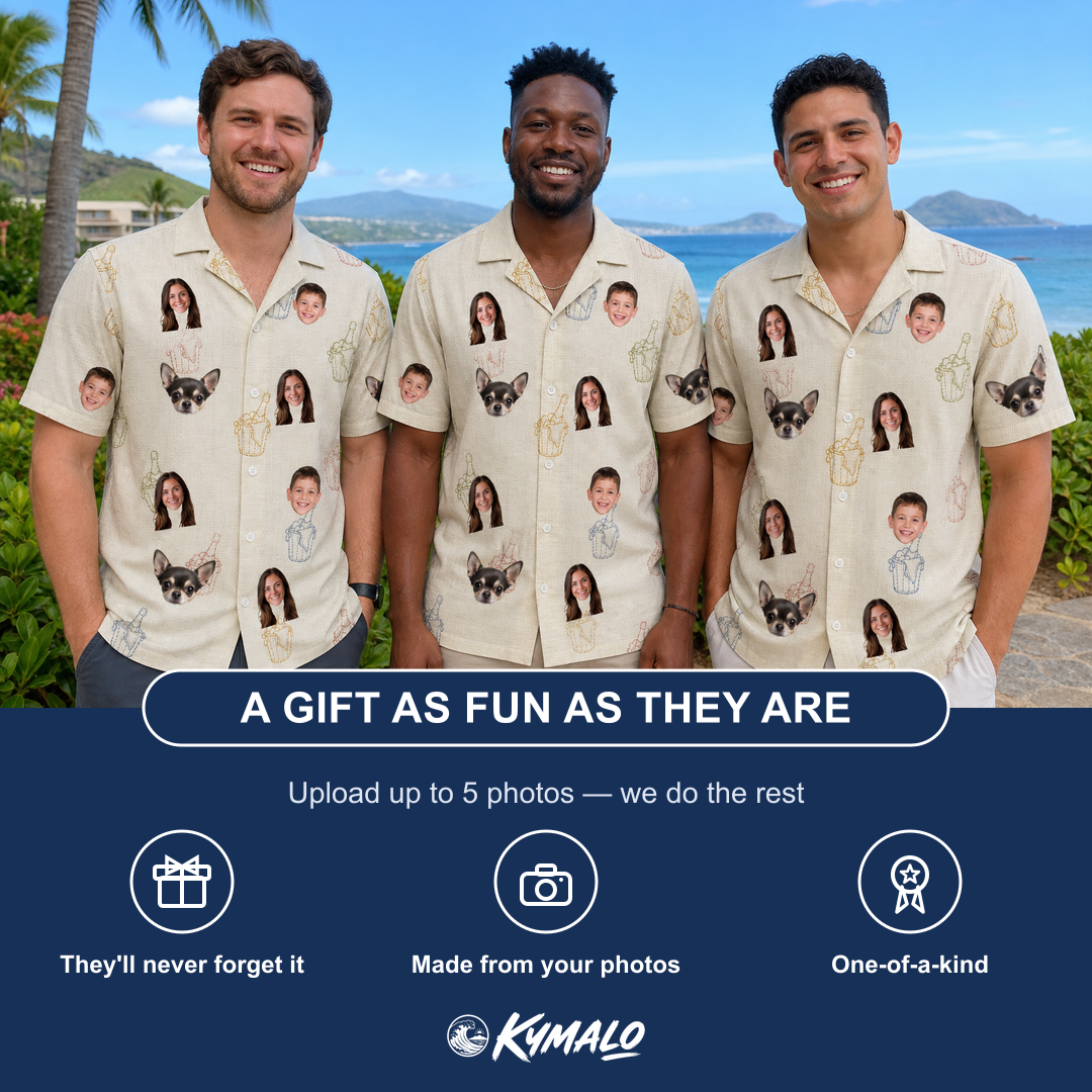 Friends in matching Men's Toast Tiaras Custom Face Hawaiian Shirt — a group gift photo