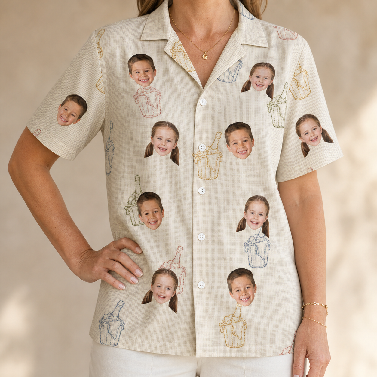Model wearing Women's Toast Tiaras Custom Face Hawaiian Shirt printed with kids' faces