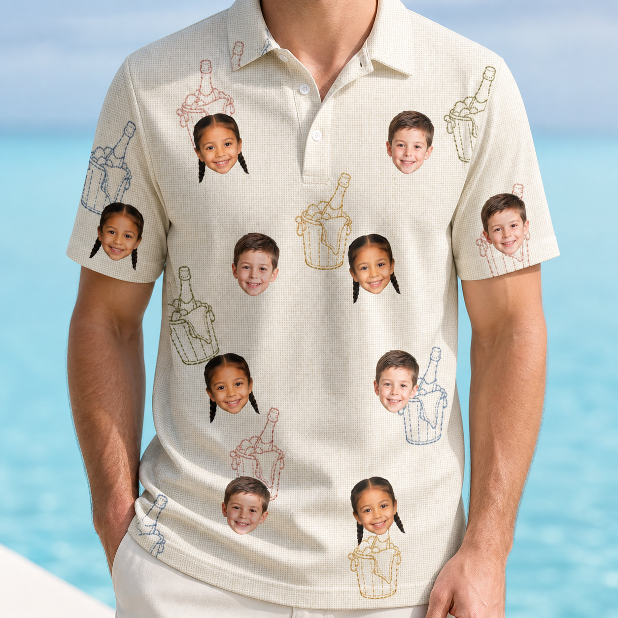 Model wearing Men's Toast Tiaras Custom Face Polo Shirt printed with kids' faces
