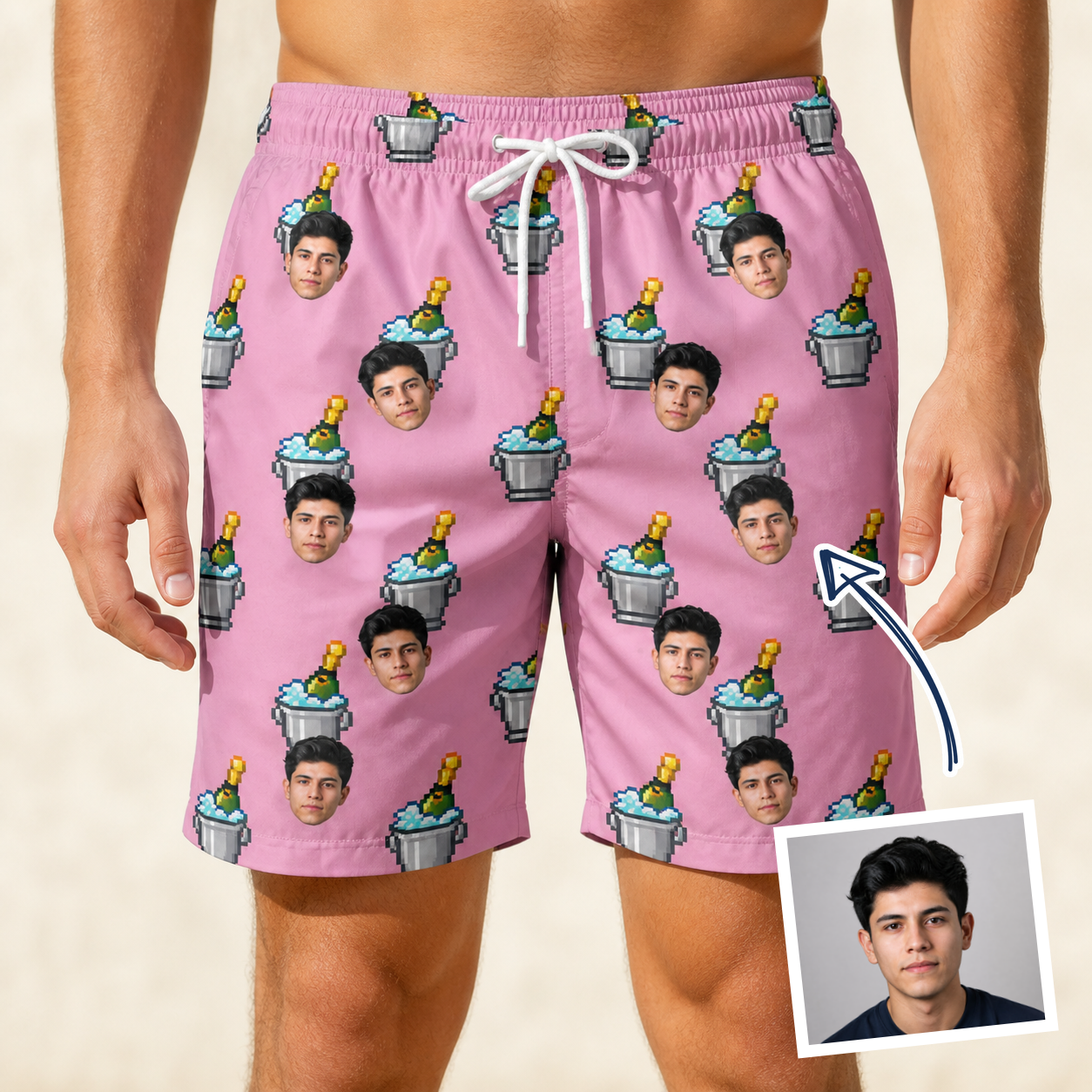 Man wearing Men's Last Toast Custom Face Beach Shorts — custom faces printed all-over