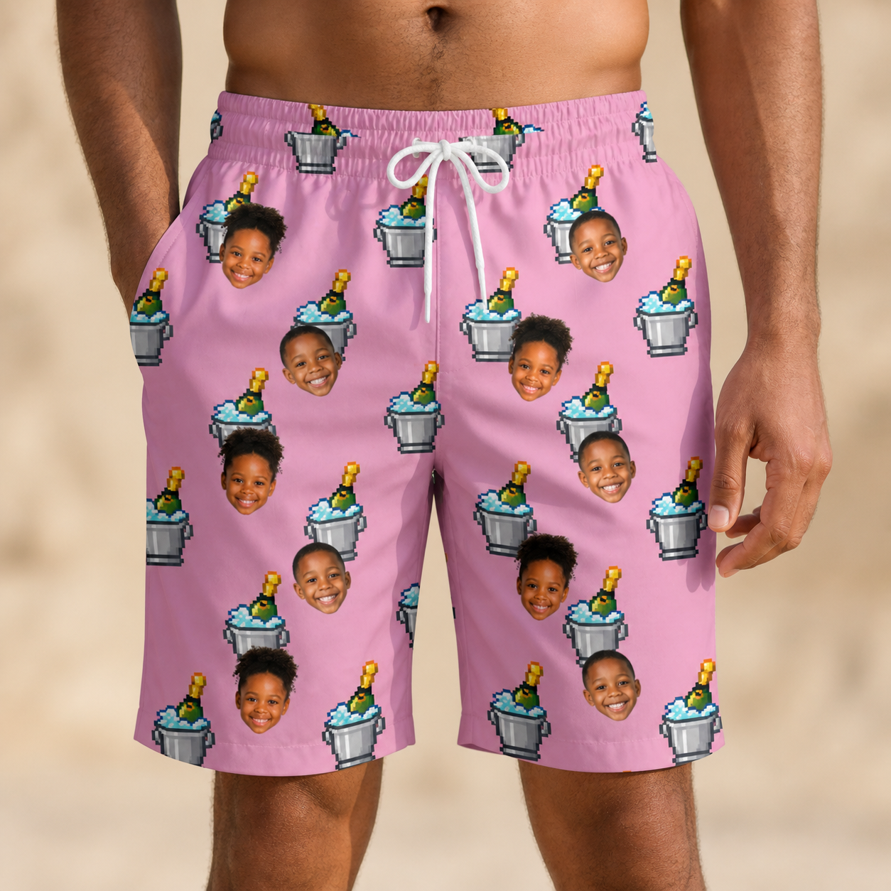 Model wearing Men's Last Toast Custom Face Beach Shorts printed with kids' faces