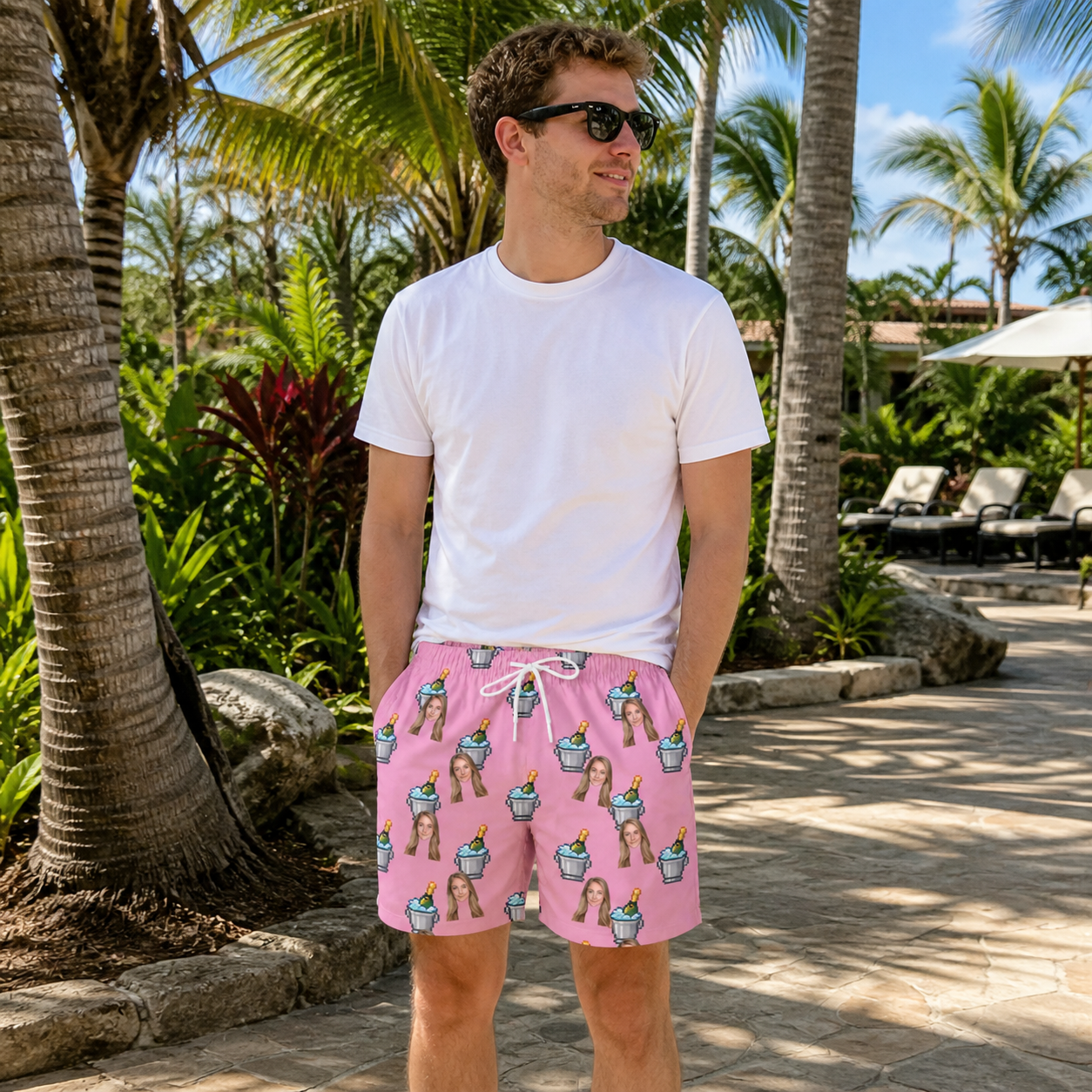Real-life photo of someone wearing Men's Last Toast Custom Face Beach Shorts — custom faces printed all-over