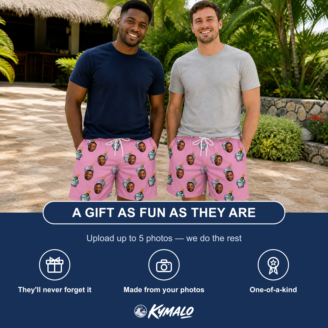 Friends in matching Men's Last Toast Custom Face Beach Shorts — a group gift photo