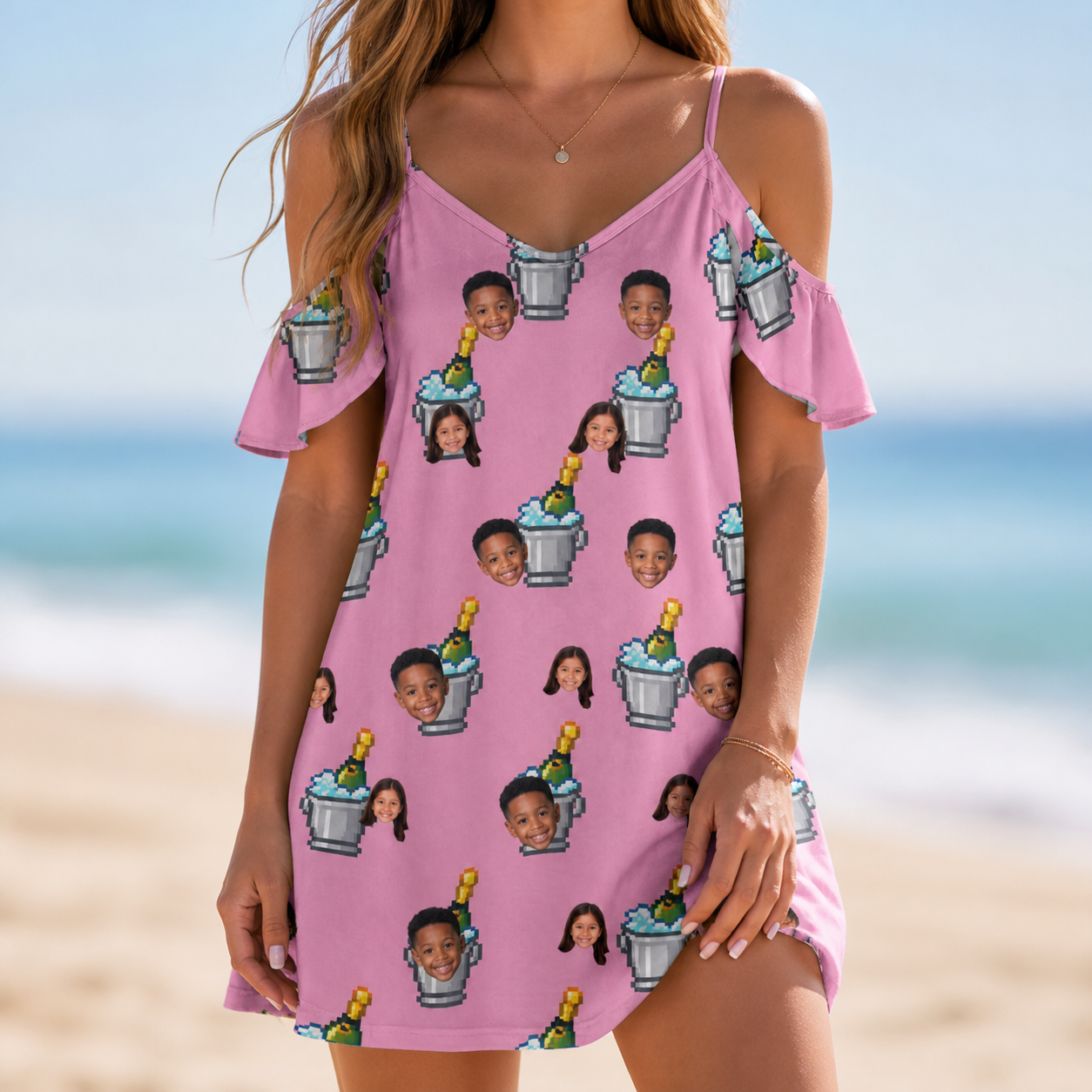 Model wearing Women's Last Toast Custom Face Off-Shoulder Dress printed with kids' faces