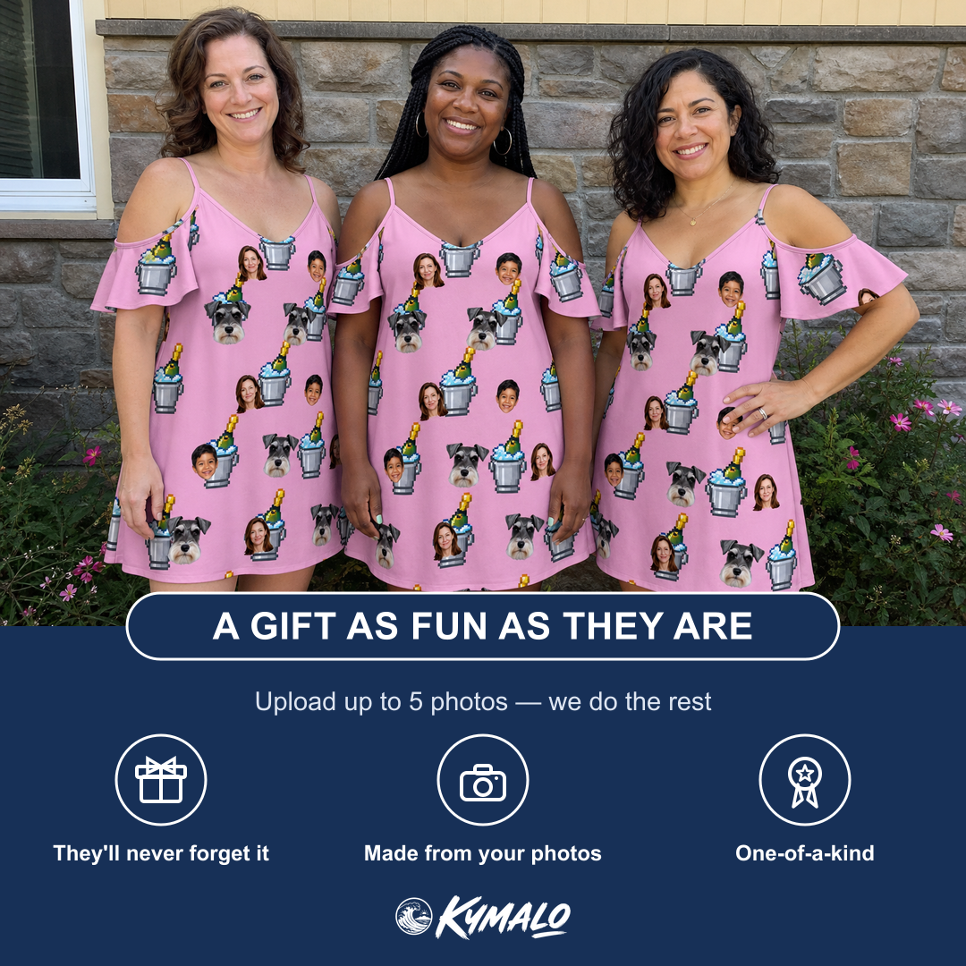 Friends in matching Women's Last Toast Custom Face Off-Shoulder Dress — a group gift photo