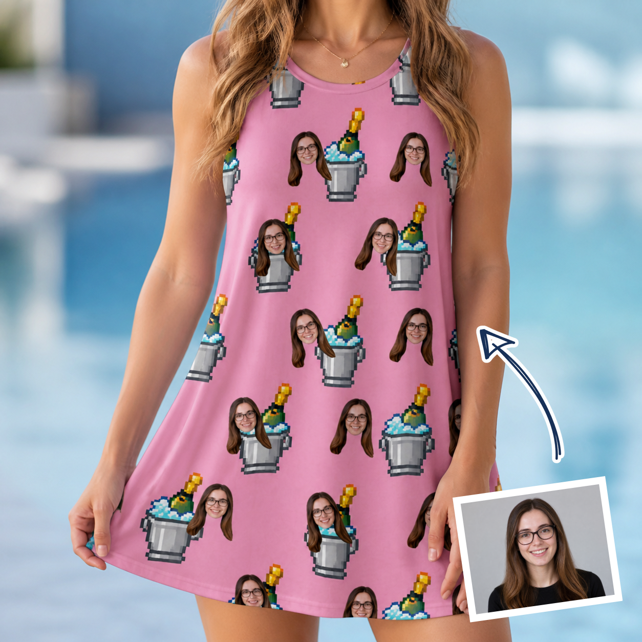 Woman wearing Women's Last Toast Custom Face Tank Dress — custom faces printed all-over