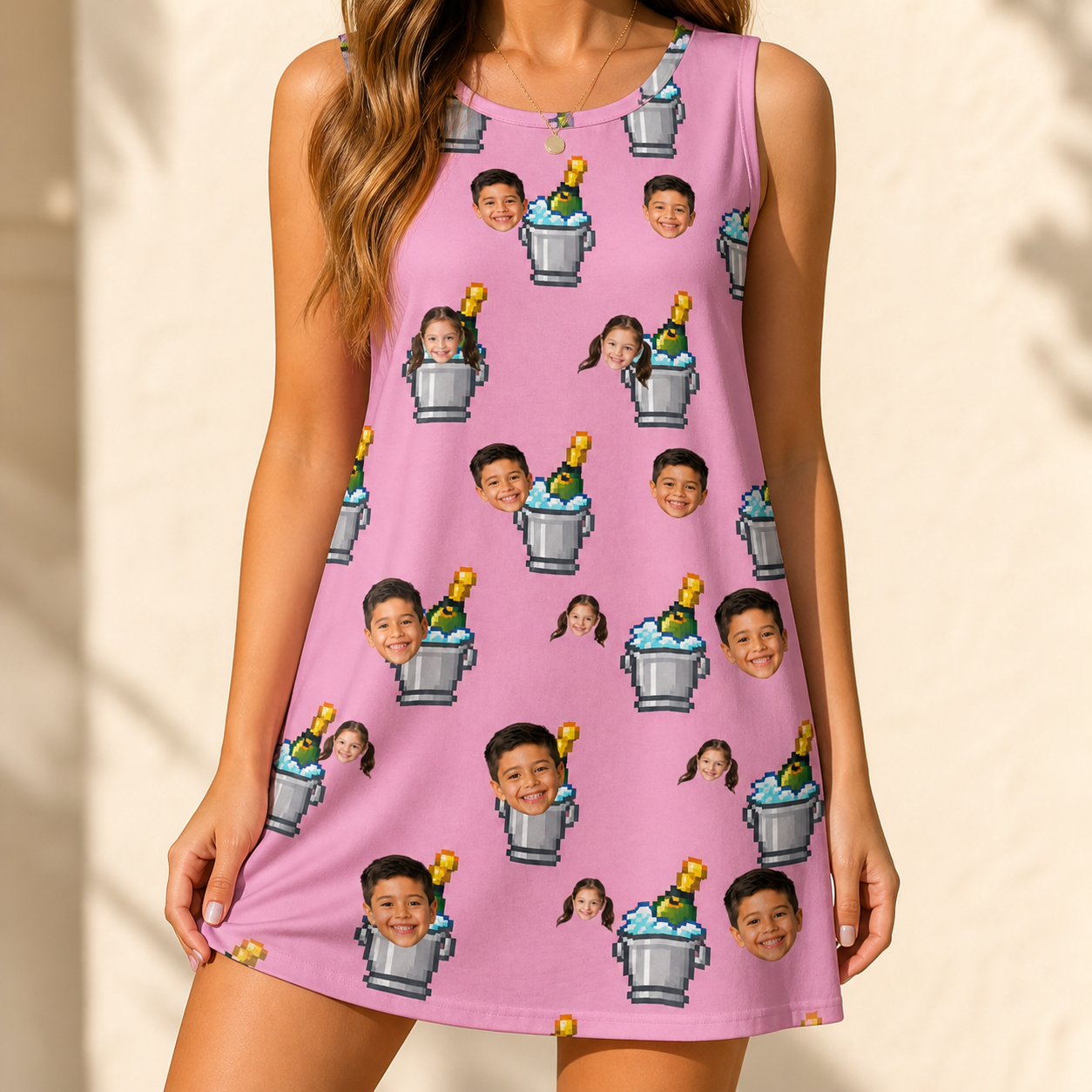 Model wearing Women's Last Toast Custom Face Tank Dress printed with kids' faces