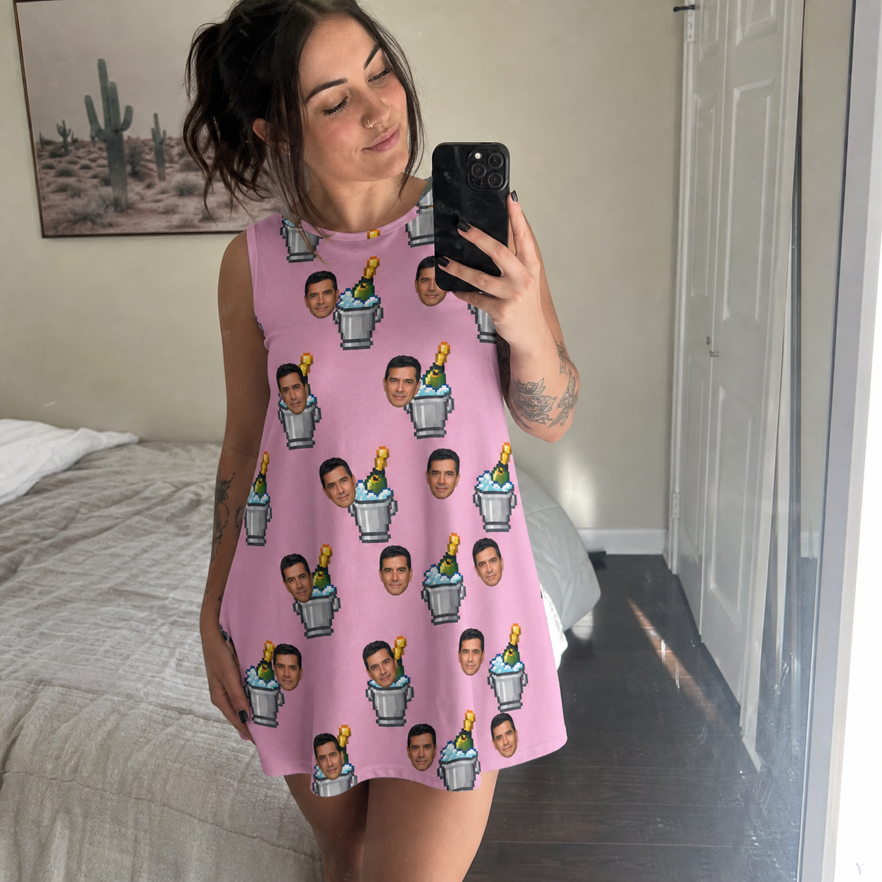 Real-life photo of someone wearing Women's Last Toast Custom Face Tank Dress — custom faces printed all-over