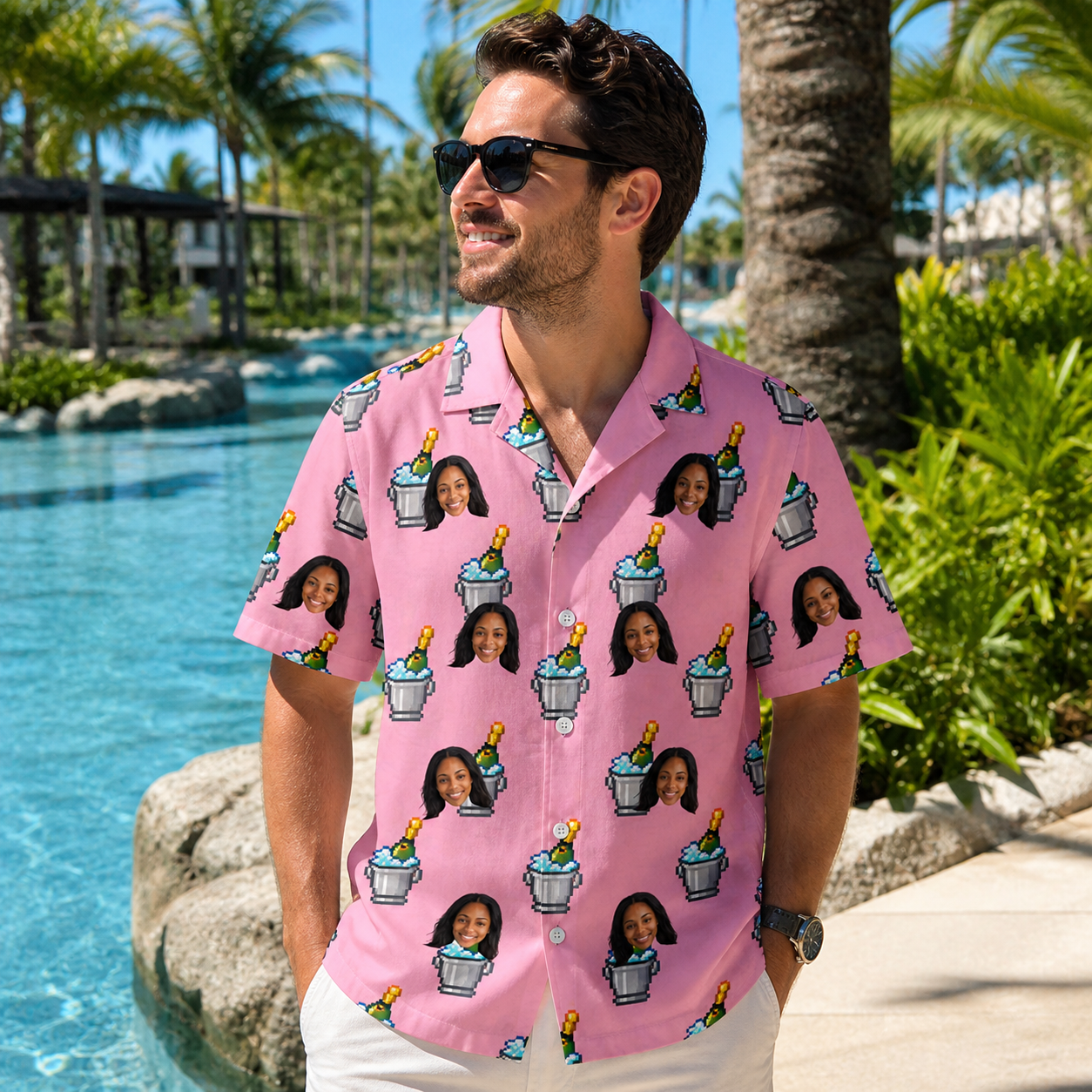Real-life photo of someone wearing Men's Last Toast Custom Face Hawaiian Shirt — custom faces printed all-over