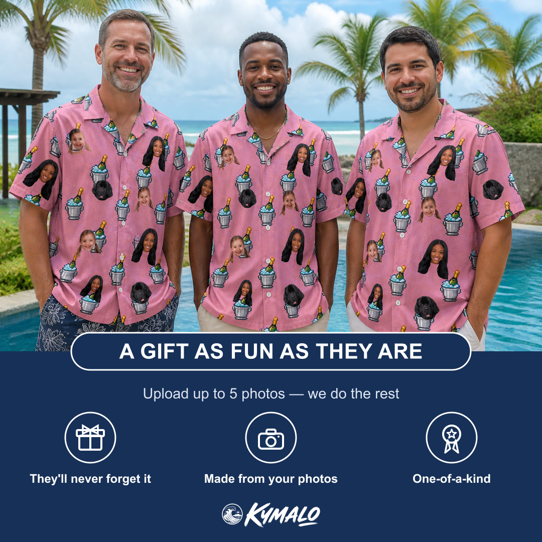 Friends in matching Men's Last Toast Custom Face Hawaiian Shirt — a group gift photo