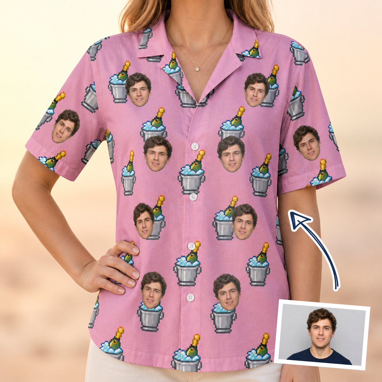 Woman wearing Women's Last Toast Custom Face Hawaiian Shirt — custom faces printed all-over
