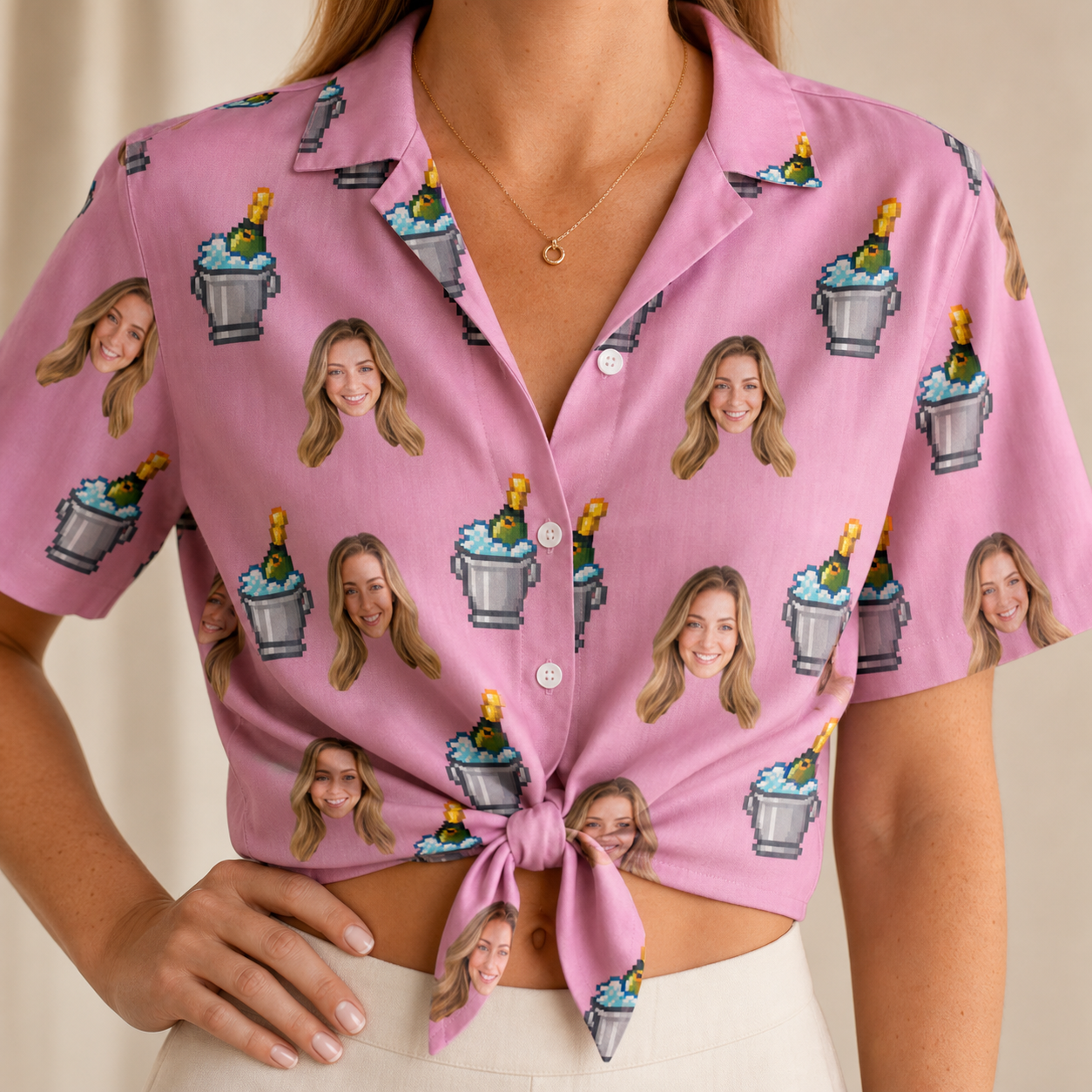 Woman wearing Women's Last Toast Custom Face Hawaiian Shirt tied at the waist