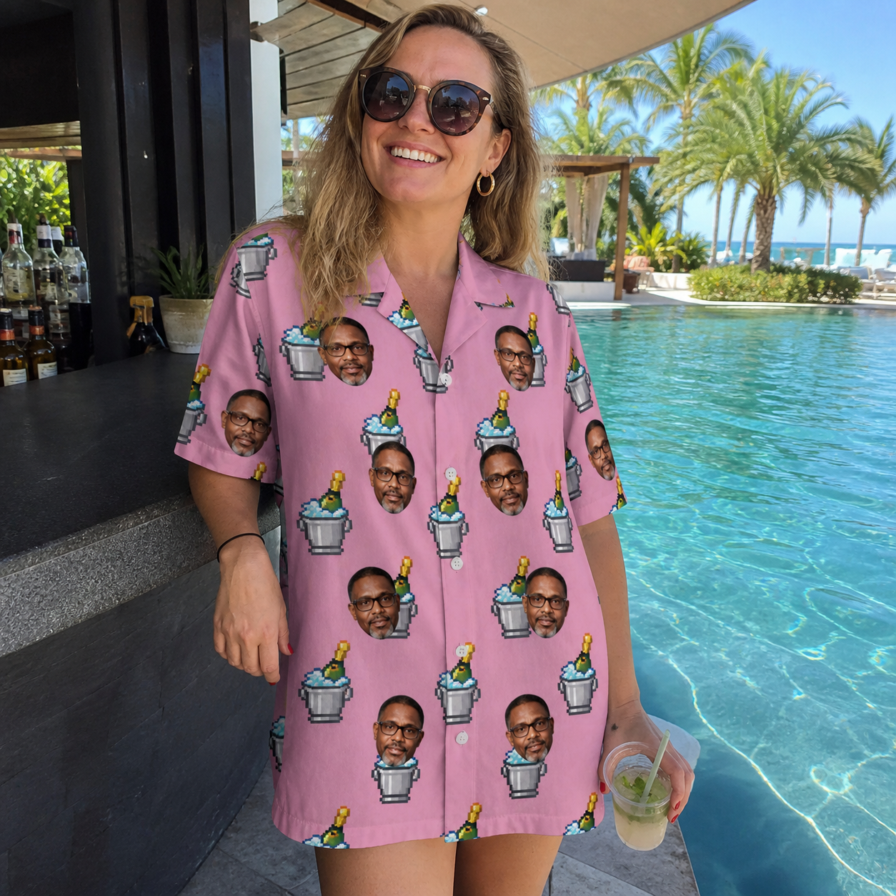 Real-life photo of someone wearing Women's Last Toast Custom Face Hawaiian Shirt — custom faces printed all-over
