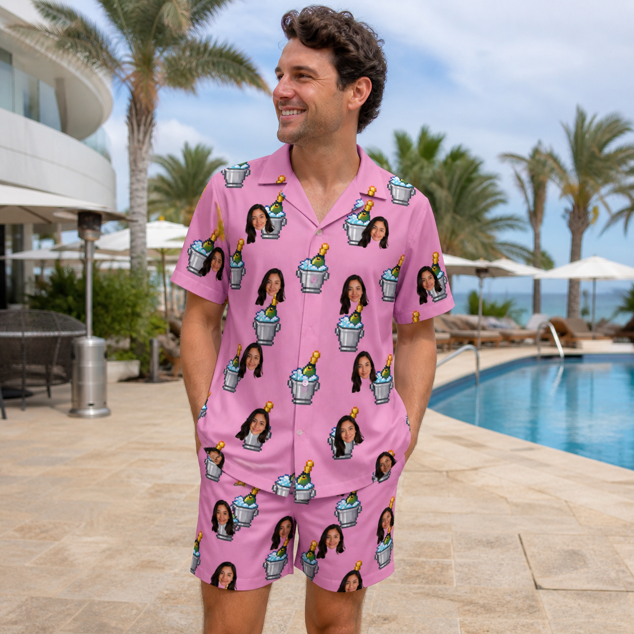 Real-life photo of someone wearing Men's Last Toast Custom Face Shirt & Shorts Set — custom faces printed all-over