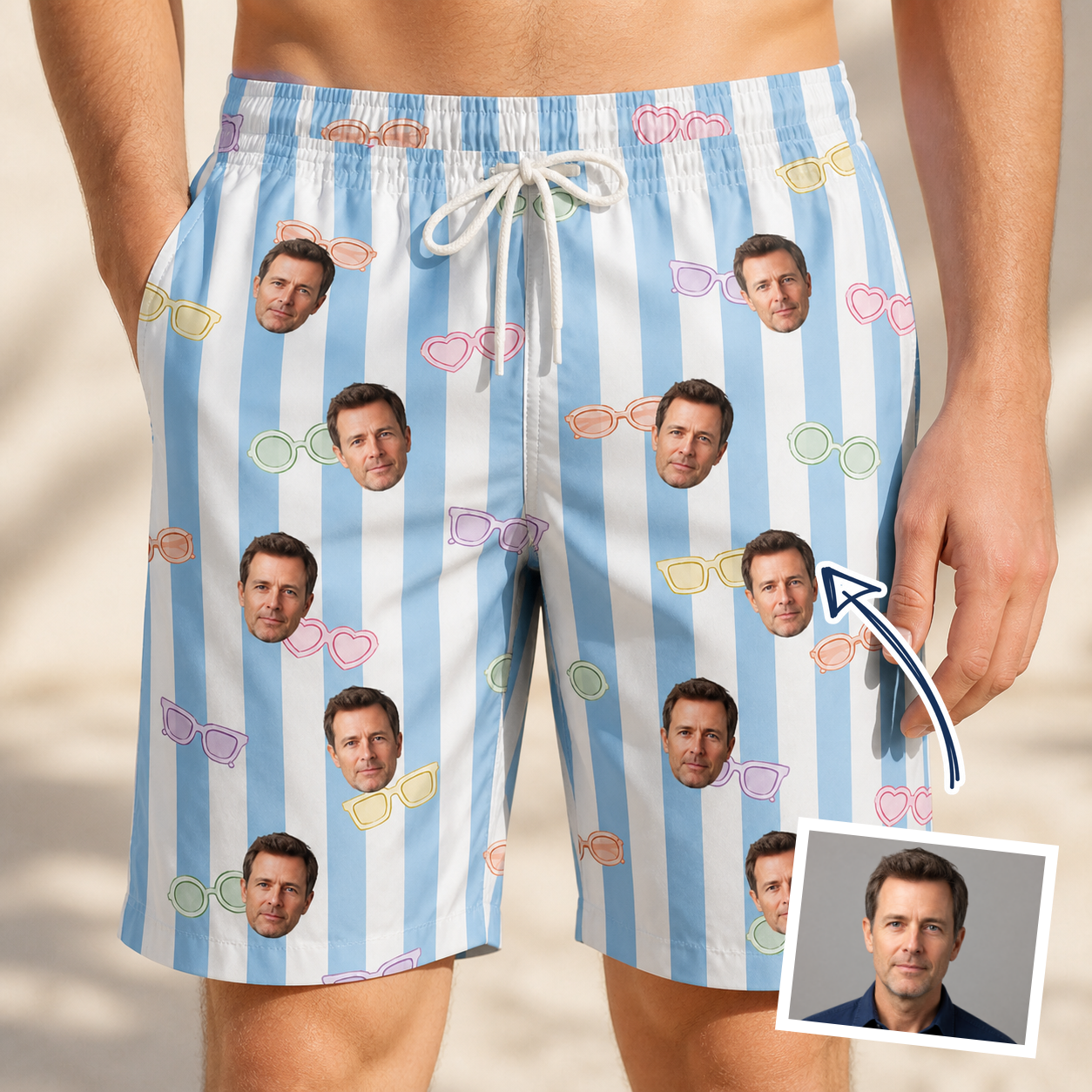 Man wearing Men's Henhouse Hues Custom Face Beach Shorts — custom faces printed all-over