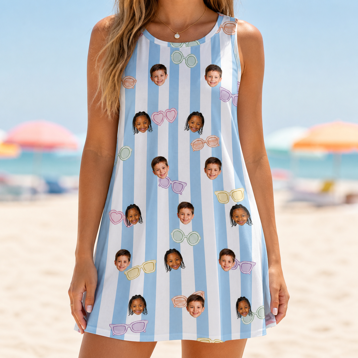Model wearing Women's Henhouse Hues Custom Face Tank Dress printed with kids' faces