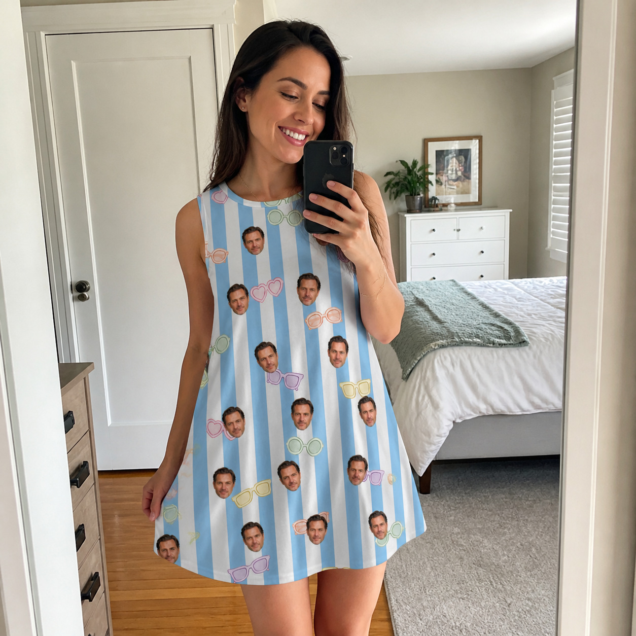 Real-life photo of someone wearing Women's Henhouse Hues Custom Face Tank Dress — custom faces printed all-over