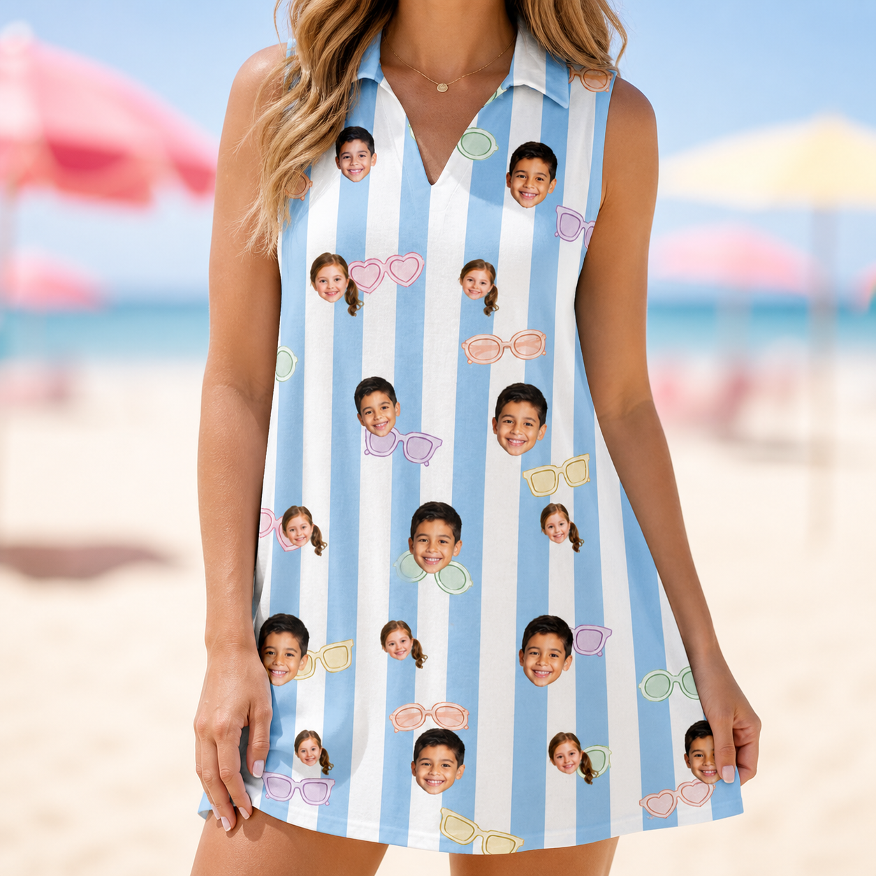 Model wearing Women's Henhouse Hues Custom Face V-Neck Dress printed with kids' faces