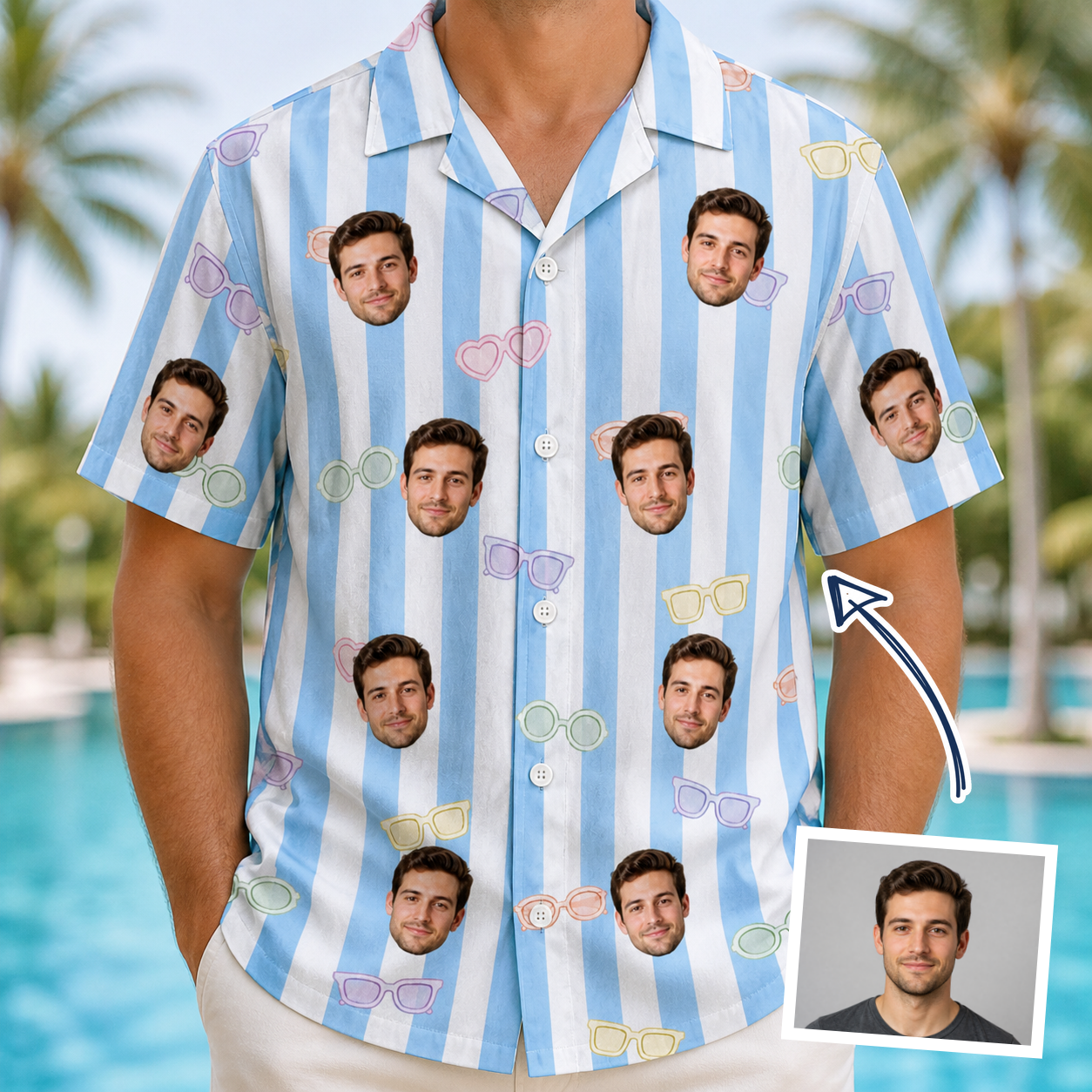 Man wearing Men's Henhouse Hues Custom Face Hawaiian Shirt — custom faces printed all-over