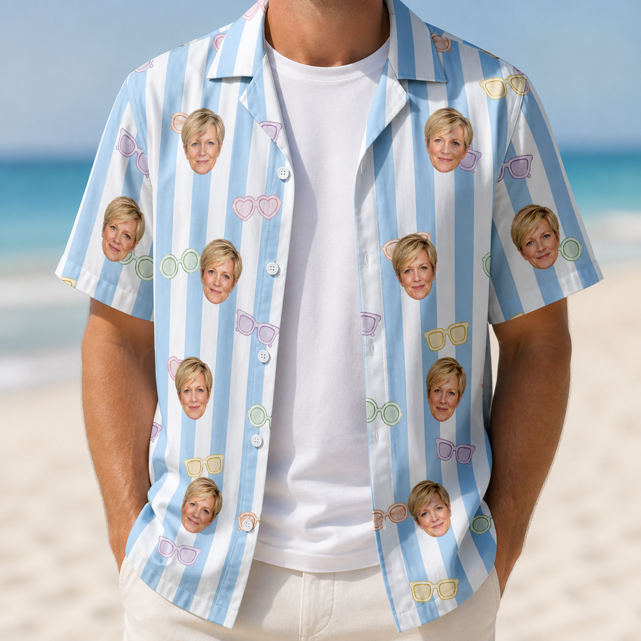 Man wearing Men's Henhouse Hues Custom Face Hawaiian Shirt open over a white tee