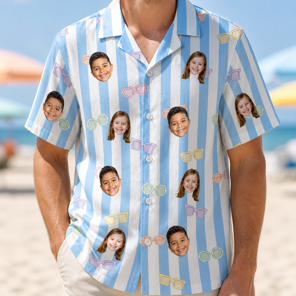 Model wearing Men's Henhouse Hues Custom Face Hawaiian Shirt printed with kids' faces