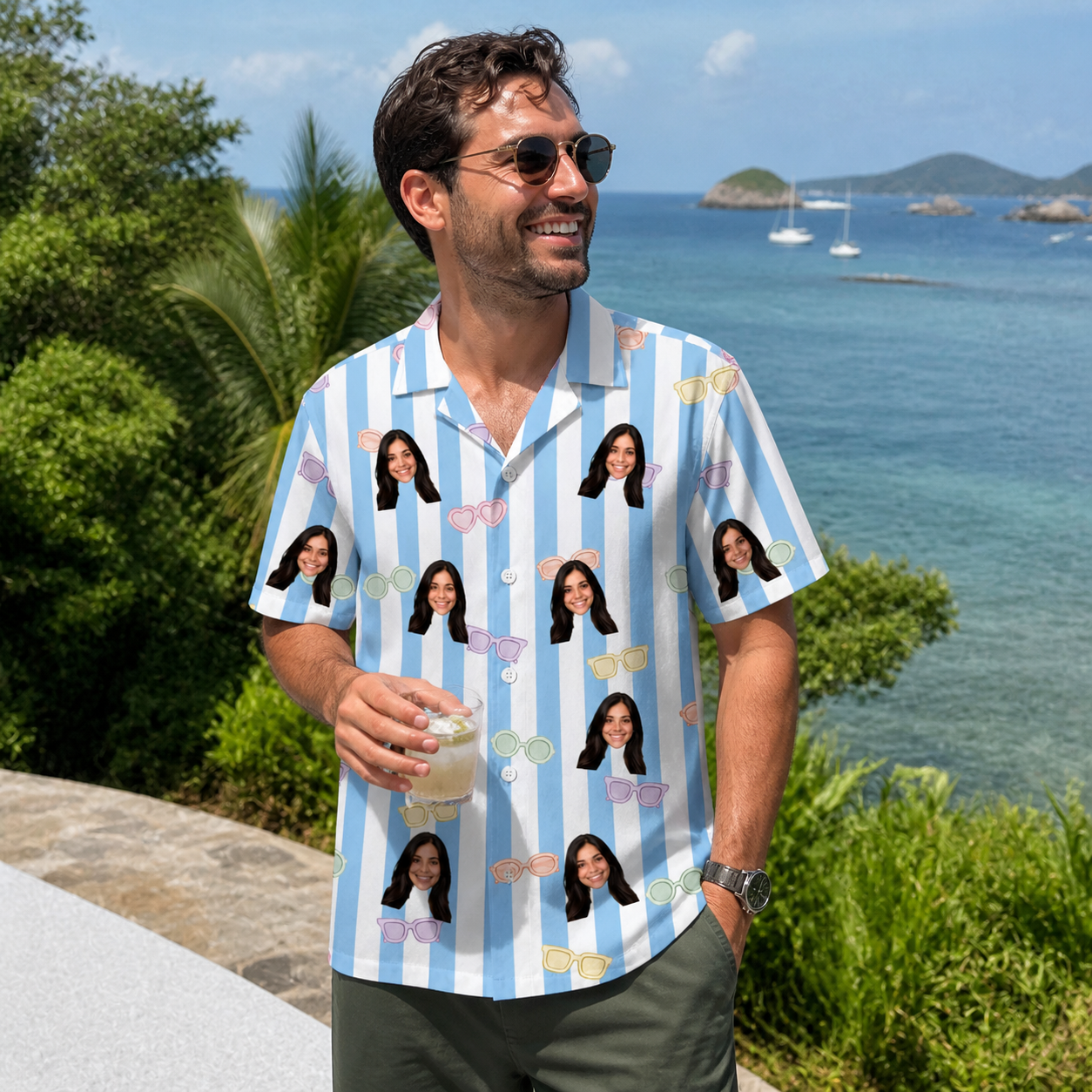 Real-life photo of someone wearing Men's Henhouse Hues Custom Face Hawaiian Shirt — custom faces printed all-over