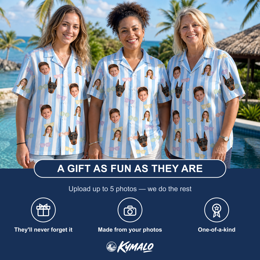 Friends in matching Women's Henhouse Hues Custom Face Hawaiian Shirt — a group gift photo