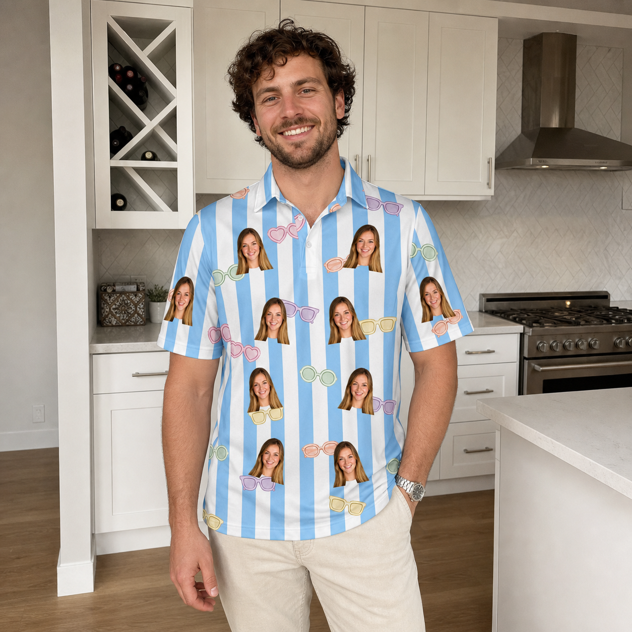 Real-life photo of someone wearing Men's Henhouse Hues Custom Face Polo Shirt — custom faces printed all-over