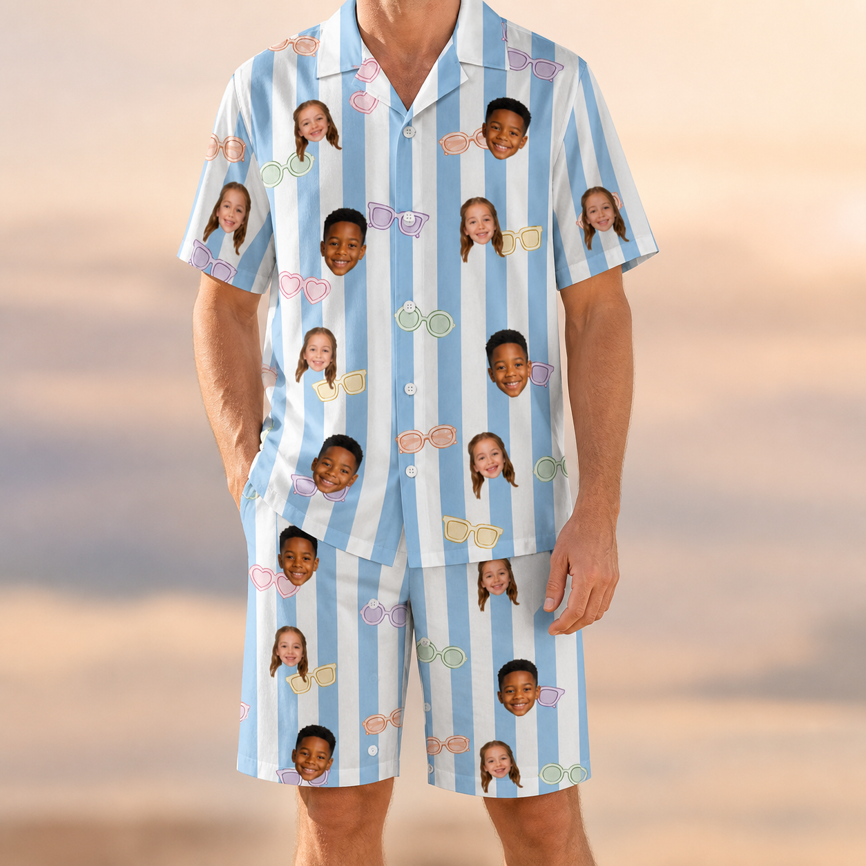 Model wearing Men's Henhouse Hues Custom Face Shirt & Shorts Set printed with kids' faces
