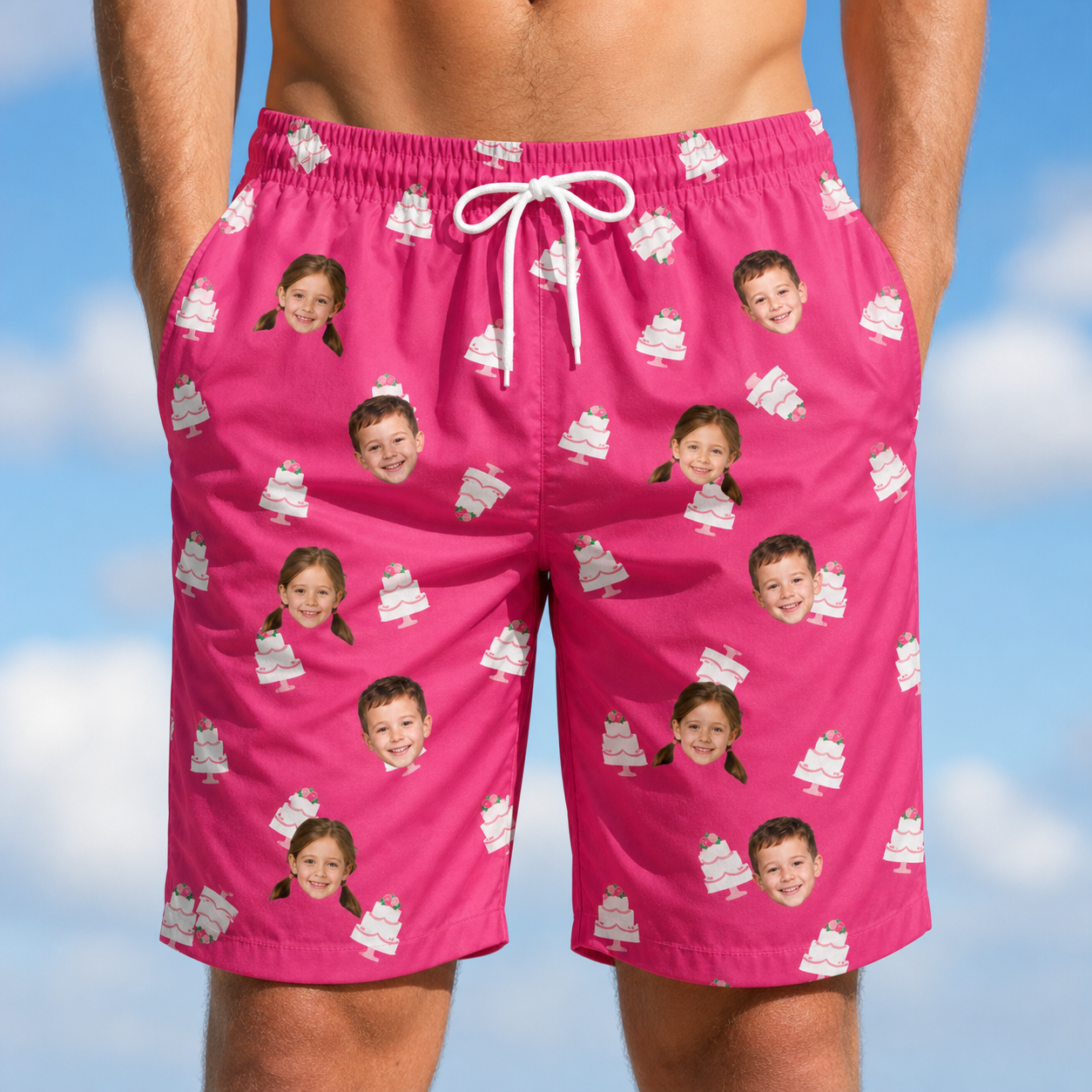Model wearing Men's Tiered Tease Custom Face Beach Shorts printed with kids' faces