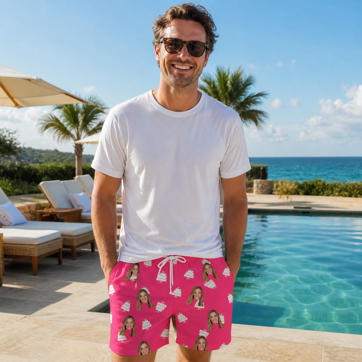 Real-life photo of someone wearing Men's Tiered Tease Custom Face Beach Shorts — custom faces printed all-over