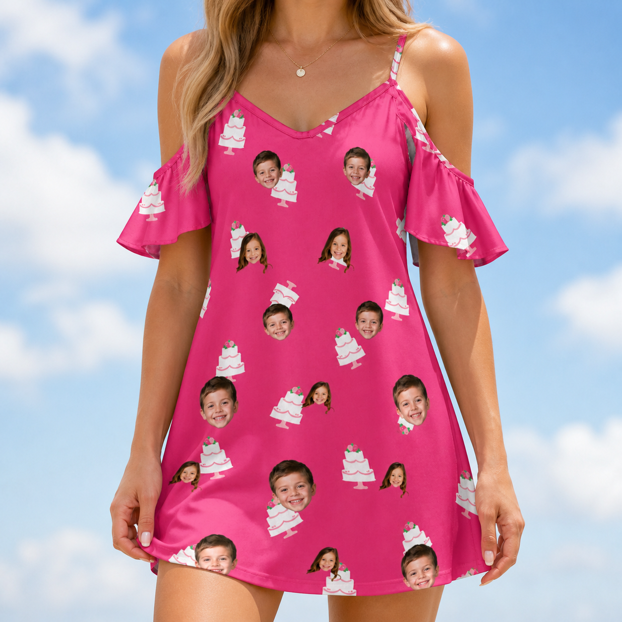 Model wearing Women's Tiered Tease Custom Face Off-Shoulder Dress printed with kids' faces